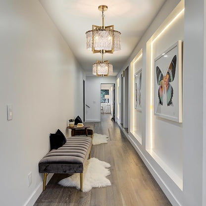 16" Gold Chandelier Light Fixture,Brass Pendant Modern Crystal Chandelier,Water Ripple Glass, Adjustable Height, Elegant Round Hanging Lighting for Kitchen Island Entryway Foyer Dining Room