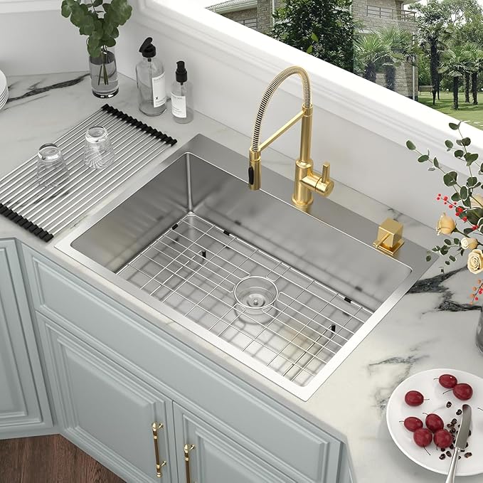 Kichae 30 Inch Drop In Kitchen Sink - Stainless Steel Kitchen Sinks 30x22x9 Inch Topmount Overmount Single Bowl Handmade Basin