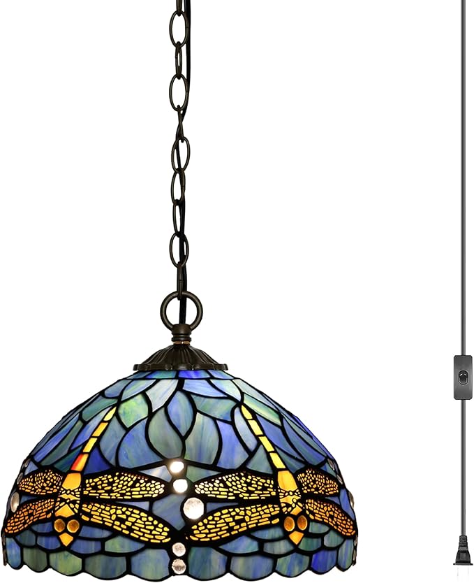 Tiffany Pendant Light Plug-in Stained Glass Hanging Lamp 12”x12”x181” Blue Dragonfly Swag Light Vintage Lamp Decorative Lighting for Dining Room Living Room Kitchen Hallway Bedroom