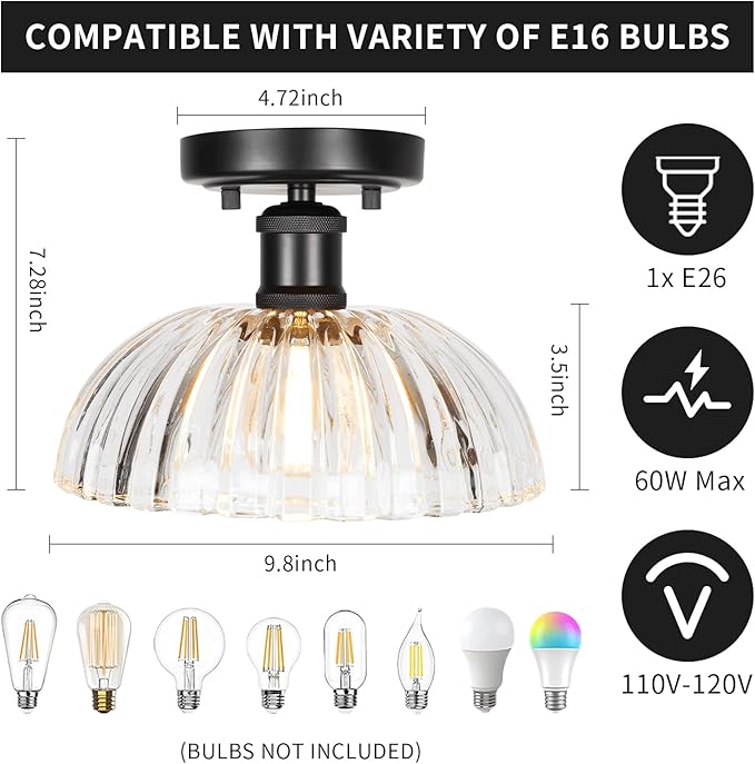 JYZ Semi Flush Mount Ceiling Light, Black Ceiling Light Fixture with Ribbed Glass Shade, Vintage Light fixtures for Hallway, Entryway, Bathroom, Kitchen, Bedroom
