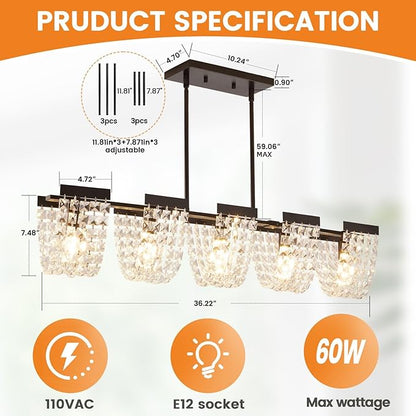 36" Black Chandelier, 5-Light Crystal Chandeliers for Dining Room, Modern Dining Room Light Fixture, Farmhouse Kitchen Island Lighting, Vintage Hanging Pendant Lights, Dining Chandelier Over Table