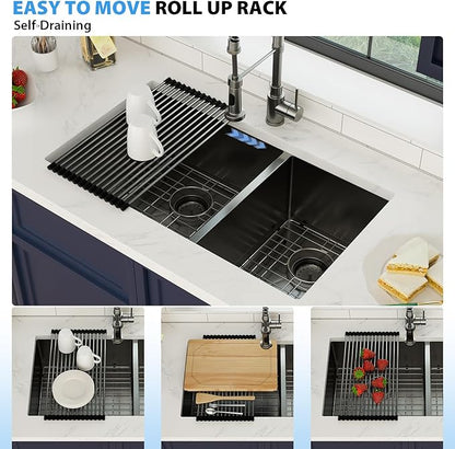 33 Inch Black Undermount Double Sink 16 Gague Stainless Steel Double Undermount Kitchen Sinks 60/40 Large Deep Double Bowl Kitchen Sinks 33"x19"x10"