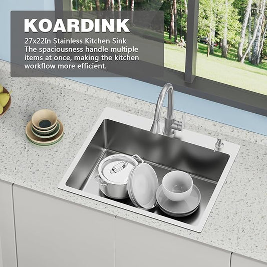 Kitchen And Bar Sink, 27x22 Inch Stainless Steel Drop In Modern Single Bowl Topmount Kitchen And Bar Sink Combo-Silicon Mat,Drain Strainer Set Compatibility With Various Kitchen&Bar Style
