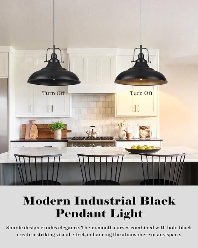 Black Pendant Light Kitchen Island,16 Inch Large Industrial Pendant Lights, Matte Black Pendant Lights, Vintage Farmhouse Pendant Light for Kitchen Island, Dining Room, Hallway (2 Pack)