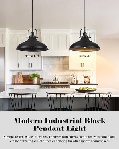 Black Pendant Light,16 Inch Large Industrial Pendant Lights, Matte Black Pendant Lights Kitchen Island, Vintage Farmhouse Pendant Light for Kitchen Island, Dining Room, Hallway (1 Pack)