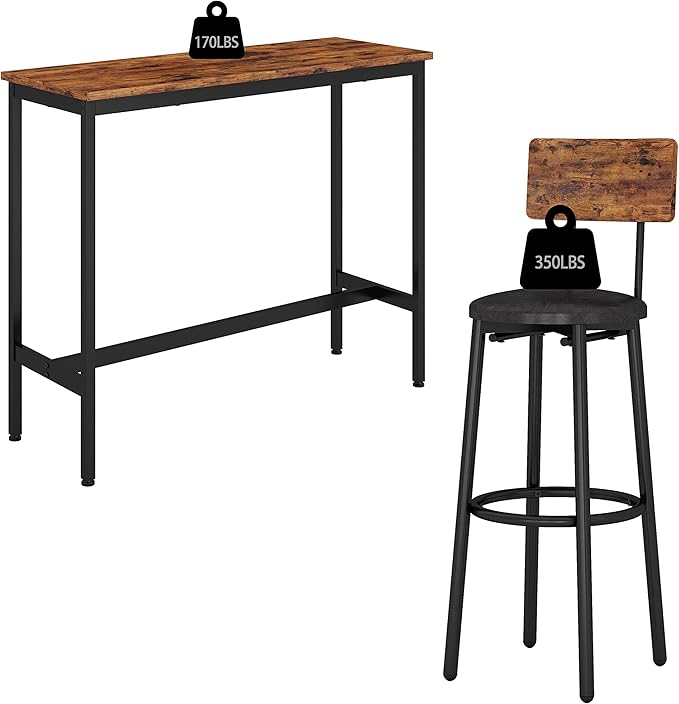Bar Table Set for 2 with 2 PU Upholstered Stools, Pub Bistro Dinning Table and Stools with Backrest, Counter Height Bar Table Set for Apartment, Kitchen, Small Space
