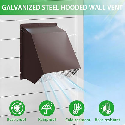 10 Inch Hooded Wall Vent with Screen and Damper, Outdoor Wall Exhaust Vent Cover Cap for Kitchen Range Hood Dryer Exterior Ventilation and Outside Air Exhaust, Galvanized Steel, Brown