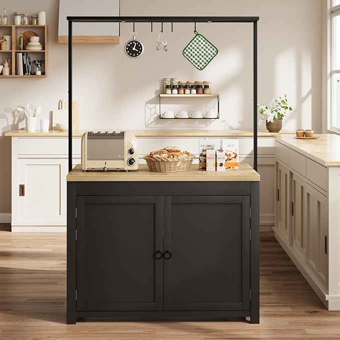 GarveeHome Kitchen Island with Storage 42 in - Heavy Duty Kitchen Cart, Mobile Kitchen Island with 2-Tier Shelves & 5 Hooks, Solid Wood Countertop for Small Spaces (Black & Natural)
