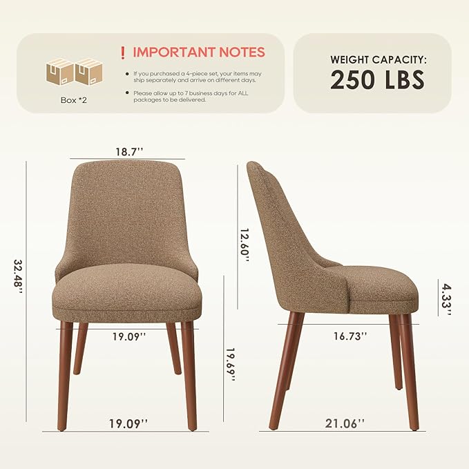 MALOL Dining Room Chair Set of 4, Upholstered Kitchen Chairs with Wood Legs, High-Back Padded Dining Chairs for Dining Room/Restaurant/Cafe, Camel