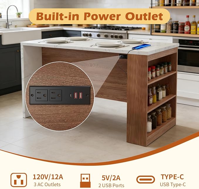 Large Island Table for Kitchen with Charging Station, Faux Marble Wooden Dining Table for 4-6 People, Modern Luxury Kitchen Island with LED Lights & Storage Space(61"x31"x35.4")