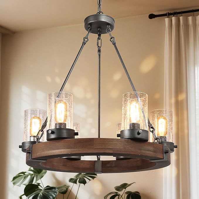 LALUZ Wood Wagon Wheel Chandelier, 6-Light Rustic Farmhouse Round Light Fixture with Seeded Glass Shades for Dining Room, Living Room, Bedroom, Foyer