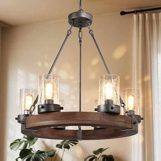 LALUZ Wood Wagon Wheel Chandelier, 6-Light Rustic Farmhouse Round Light Fixture with Seeded Glass Shades for Dining Room, Living Room, Bedroom, Foyer