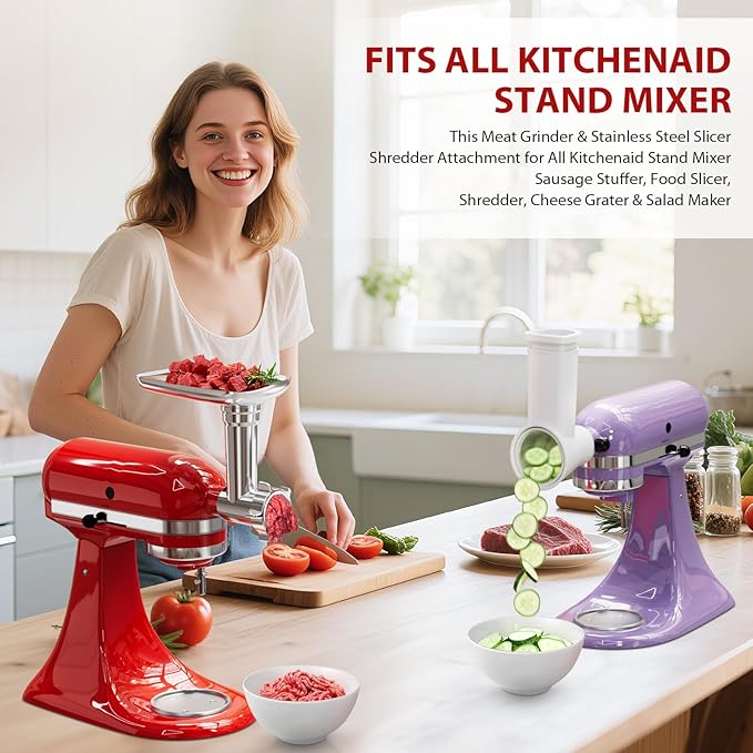 21Pcs Meat Grinder & Cheese Grater Attachment for KitchenAid Stand Mixer, with 4 Grinding Plates, Metal Sausage Stuffer Tubes, 4 Slicer Shredder Attachment, Kitchen Aid Accessories and Attachments