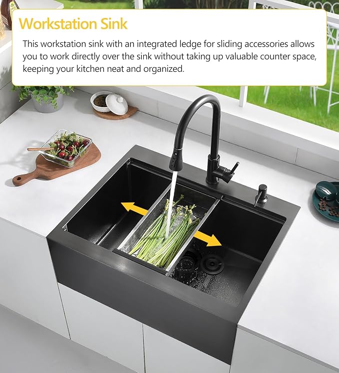 28 Black Drop In Farmhouse Kitchen Sink, Luckyhorse 16 Gauge Nano Black Stainless Steel 28x22 Inches Drop In Topmount Workstation Kitchen Farmhouse Sink With Apron Front LH008SZ