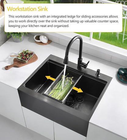 28 Black Drop In Farmhouse Kitchen Sink, Luckyhorse 16 Gauge Nano Black Stainless Steel 28x22 Inches Drop In Topmount Workstation Kitchen Farmhouse Sink With Apron Front LH008SZ