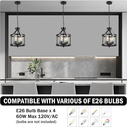 Black Farmhouse Chandelier, 4-Light Pendant Lights over Kitchen Island, Industrial Chandelier Ceiling Hanging Light Fixtures for Entryway Dining room Foyer Hallway Living Room, Adjustable Height