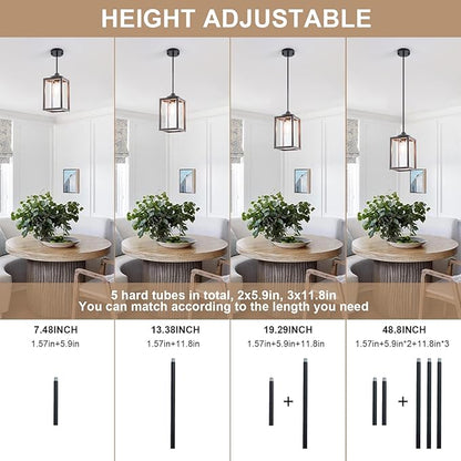 Farmhouse Pendant Light in Wood and Metal Cage, Rustic Pendant Light with Glass, Adjustable Hanging Light Fixtures, Mini Pendant Lighting for Kitchen Island, Hallway, Foyer (Square Brown-1 Pack)