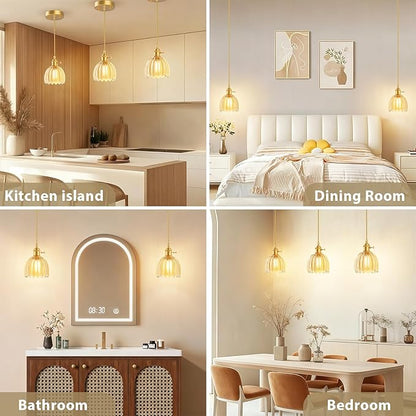 Ralbay 3 Pack Pendant Lights with Amber Tulip Glass Lampshade, Mini Pendant Light Fixture with Switch, Adjustable Vintage Brass Hanging Light for Kitchen Island Bedroom Dining Room Hallway