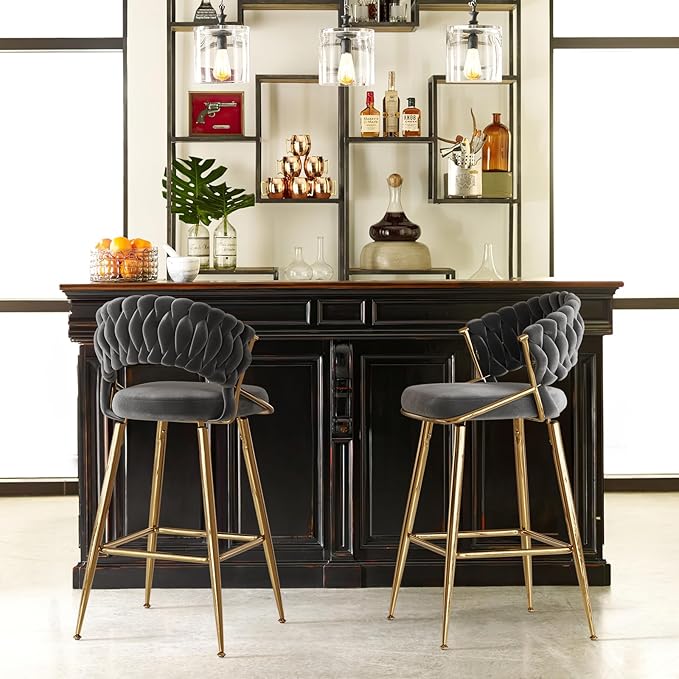 25.2" Velvet Counter Stool with Gold Accents, Ergonomic Plush Seat for Kitchen Island Bar