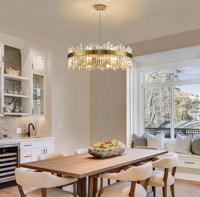Siljoy 16-Light Modern Crystal Chandelier, 31.5'' Luxury Dimmable Brass Gold K9 Crystal Raindrop Chandelier Adjustable Hanging Crystal Ceiling Light for Dining Living Room Kitchen Island Entry Foyer