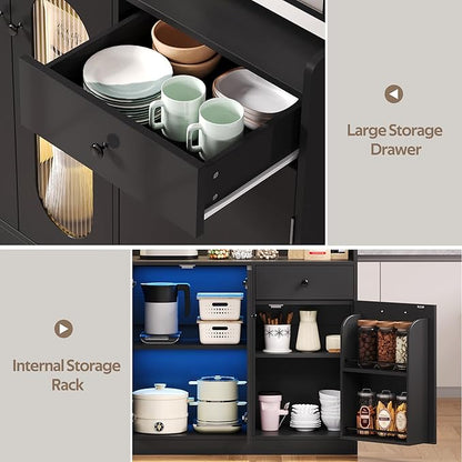 54" Farmhouse Sideboard Buffet Cabinet, Modern Credenza with LED Lights & Glass Doors, Black Credenza Storage & Kitchen Buffet with Countertop, 4 Doors 2 Shelves
