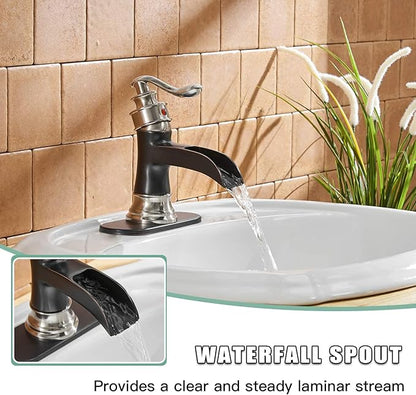BWE Waterfall Bathroom Faucet Single Hole Oil Rubbed Bronze with Brushed Nickel for Bathroom Sink Farmhouse Single Handle Vanity Faucets Lavatory Mixer Tap