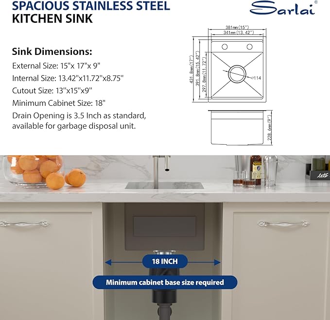 Sarlai Outdoor Sink, 15x17 Inch Undermount Kitchen Sink Workstation with Foldable Faucet Bar Prep Single Bowl Kitchen Sinks 16 Gauge Stainless Steel Sinks with Cover,BBQ Sink Outside