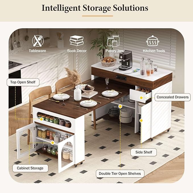 Extendable Dining Table with Rolling Kitchen Island, 54.1" Folding Top, Storage Cabinet, Drawers, Power Outlet, USB Ports, Brake Lock Wheels, 4-5 People, 110 LBS Capacity, Walnut