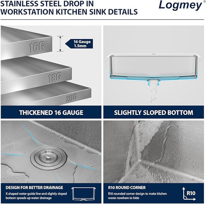 Logmey 33x19 Drop In Kitchen Sink 33 Inch Stainless Steel Workstation Sinks SUS304 16 Gauge Topmount Ledge Single Bowl Overmount Kitchen Sinks 33x19x9