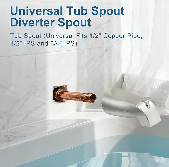 Universal Tub Spout for 1/2" Copper Pipe, 1/2" IPS and 3/4" IPS, Bathtub Faucet with Diverter and Adapter and Hex Wrench (Brushed Nickel)