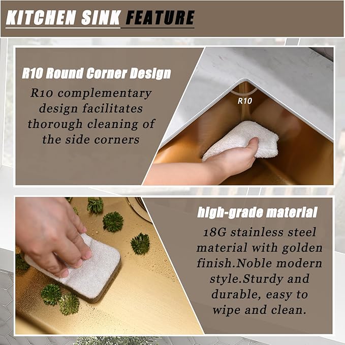 Gold Undermount Kitchen Sink, 22x16 Gold Kitchen Sink Undermount Utility Sinks Stainless Steel 18 Gauge Single Bowl Wet Bar Sinks with Basket Strainer