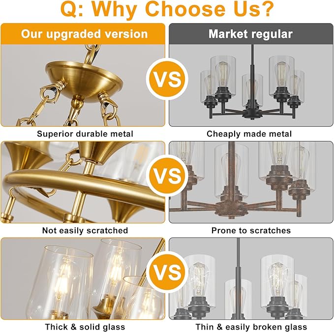 Modern Chandelier for Dining Room (25inch, 6-Light), Brushed Gold Dining Room Light Fixture Over Table with Clear Glass Shade, Industrial Hanging Pendant Lights Fixture for Kitchen Island Entryway