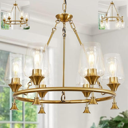 Modern Chandelier for Dining Room (25inch, 6-Light), Brushed Gold Dining Room Light Fixture Over Table with Clear Glass Shade, Industrial Hanging Pendant Lights Fixture for Kitchen Island Entryway