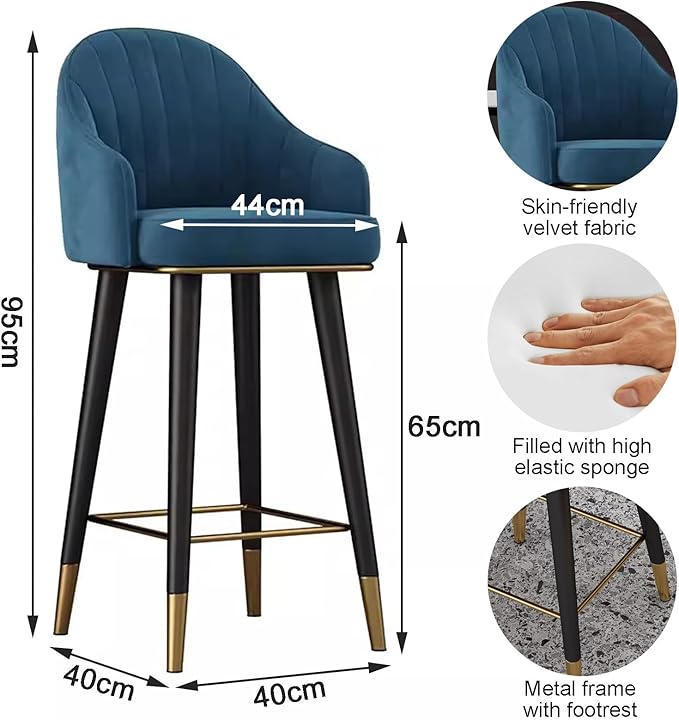 Swivel Stools Set of 2, Counter Height stools with Back and Footrest, Upholstered Chairs for Dining Room Home Kitchen Island,Blue-Sitting Height 65cm