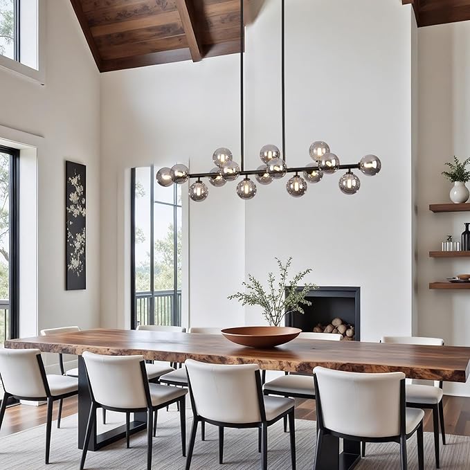 56 Inch Black Linear Chandeliers for Dining Room, Kitchen Island, Living Room, 16-Light Mid Century Modern Light Fixture Over Table, Large Smoke Grey Glass Globe Sputnik Bubble Chandelier