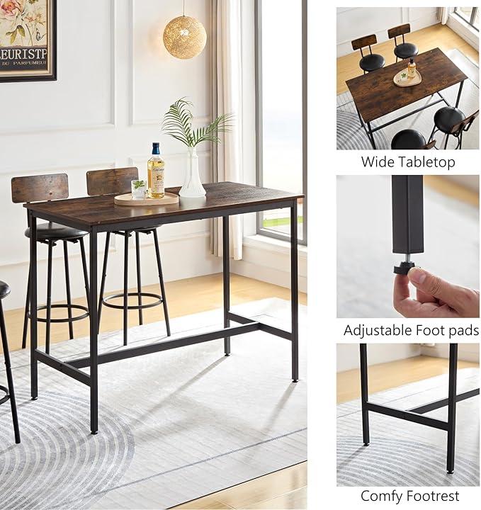 VIRITURE 5 Piece High Top Table Set Kitchen Bar Table and Bar stools Set for 4, Island Dining Table and Tall barstools,Counter Height Pub Small Table Set, Industrial, Rustic Brown (5PCS)