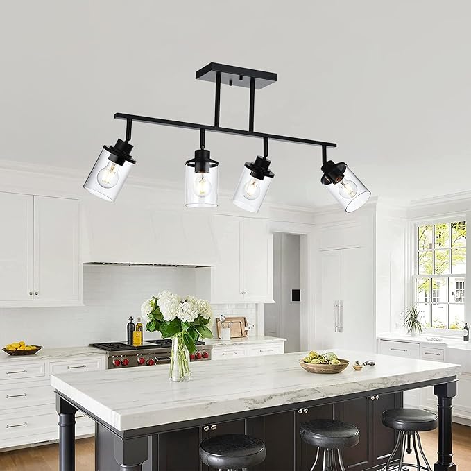 4 Lights Ceiling Light Fixtures with Flexibly Rotatable Light Head Black Bathroom Lights Modern Complete Track Lighting Kits with Clear Glass Shade, E26 Base