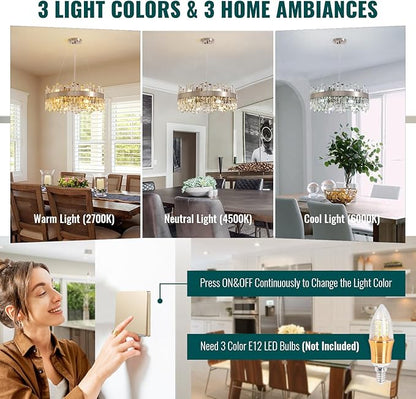 Siljoy Modern Crystal Chandelier 12-Light Brushed Nickel Luxury 2-Tiers K9 Crystal Raindrop Chandelier Dimmable Crystal Ceiling Light for Dining Living Room Kitchen Entryway Foyer D23.6''