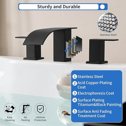RUMOSE Matte Black Roman Bathtub Faucet Set Waterfall Tub Faucets High Flow Widespread 6-16 Inch 3 Holes Deck Mount Tub Filler 2 Handles Bathtub Filler Soaking Bath Faucet