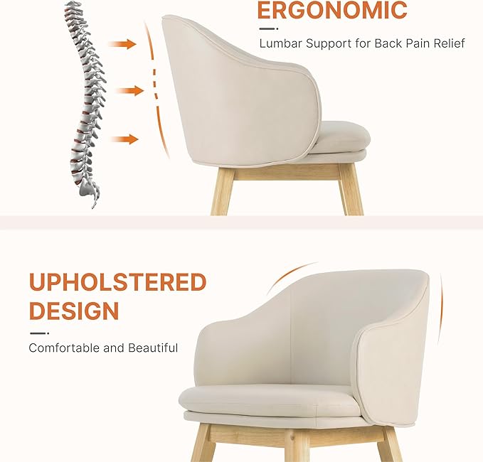 KISLOT Wooden Dining Chairs Set of 2, Faux Leather Upholstered Modern Dining Room Chairs with Barrel Backrest & Double-Layer Thick Cushion for Living Room, Restaurant, Kitchen and Café, Beige