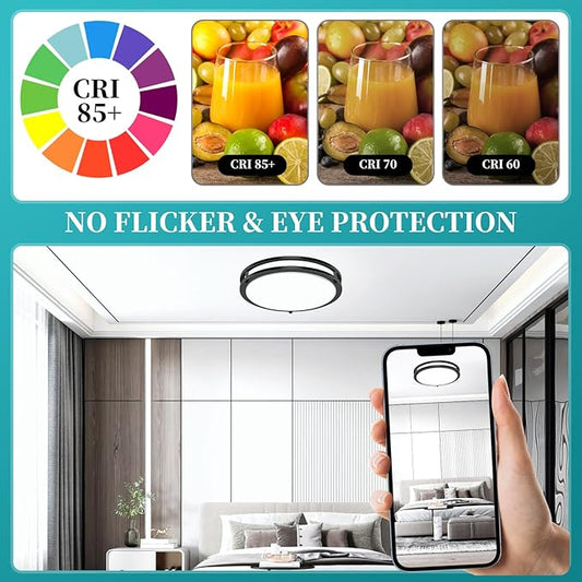 16Inch Flush Mount LED Ceiling Light Fixtures Black, 5CCT Adjustable 2700K 3000K 4000K 5000K 6500K, 4500LM Close to Ceiling Light for Kitchen, Hallway, Bathroom, Kitchen, Bedroom, 1 Pack