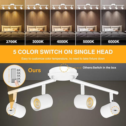 VANoopee 5-Color 4 Light LED Track Lighting Fixtures Ceiling for Kitchen, Dimmable Track Lighting Kit, Ceiling Spotlight Flush Mount Adjustable Directional Spot Lights Indoor, White CRI90 2400lm 30W