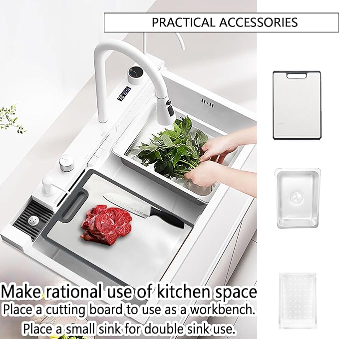 Sinks Countertop or Embedded Single Bowl Stainless Steel Kitchen Sink with Drain basket, cutting board, vegetable sink, multi-function pull-out faucet set (White, 29.5x18x9 In)