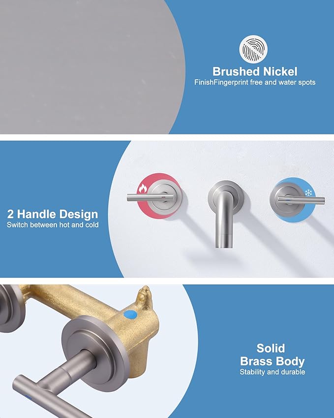 Brushed Nickel Bathroom Faucet,WOWOW 2 Handle Wall Mount Bathroom Faucet, Vessel Sink Faucet Wall Mount and Brass Rough-in Valve Included
