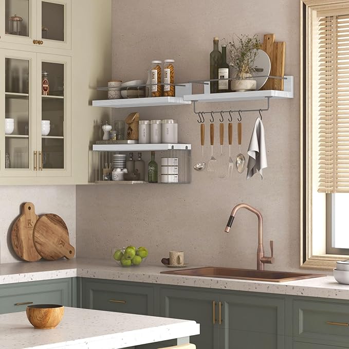 PopiShelves Bathroom Shelves Over Toilet for Wall, Floating Shelves with Storage Basket Paper Holer for Kitchen Living Room, Bedroom & Classroom, Set of 3 (White and Grey)