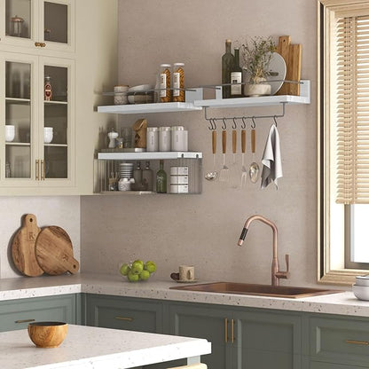 PopiShelves Bathroom Shelves Over Toilet for Wall, Floating Shelves with Storage Basket Paper Holer for Kitchen Living Room, Bedroom & Classroom, Set of 3 (White and Grey)