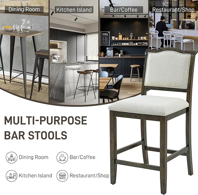 Counter Height Stools Set of 2 Rustic Pack with Rubber Wood Frame, Ergonomic Backrest, Versatile for Kitchen Island, Dining Room, Brown Backrest Room Cozy Gathering