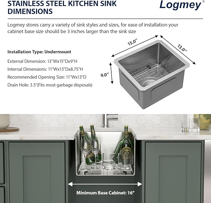 Logmey 13x15 Undermount Bar Sink,16 Gauge Heavy-Duty Stainless Steel Handmade Small Kitchen Sink,Scratch-resistant,Easy Clean,13x15x9 Single Bowl Utility Sink for RV & Prep Station