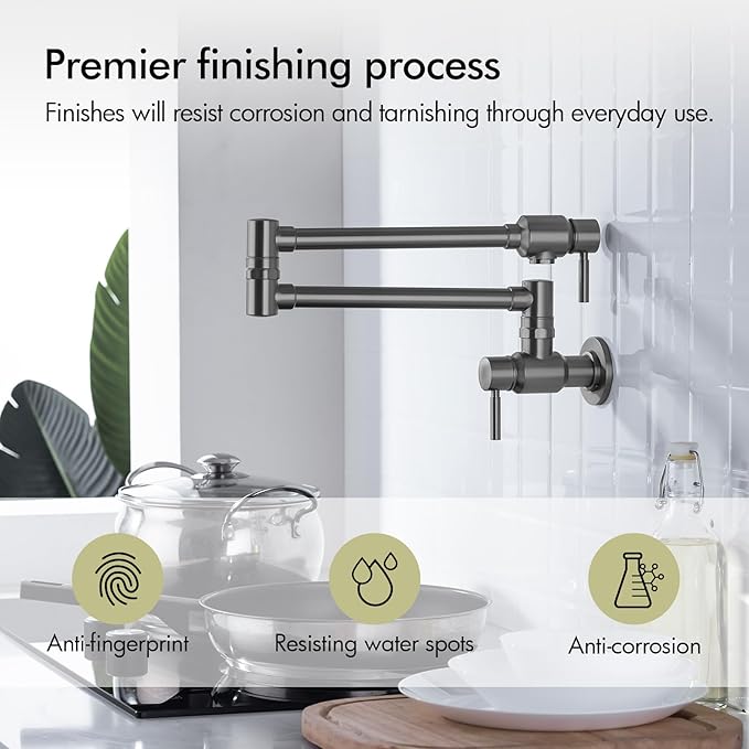 BAGNOLUX Traditional Wall Mount Single Hole Pot Filler Faucet, Black Stainless Pot Filler, Brass Kitchen Faucet Stove with 2 Lever Handles and Double Jointed Swing Arm, 23.4 Inch, Black Stainless-PVD