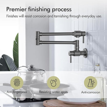 BAGNOLUX Traditional Wall Mount Single Hole Pot Filler Faucet, Black Stainless Pot Filler, Brass Kitchen Faucet Stove with 2 Lever Handles and Double Jointed Swing Arm, 23.4 Inch, Black Stainless-PVD